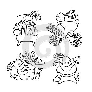 A set of simple coloring pages for children with a Cute rabbits reading book, riding bicycle, harvesting carrot and