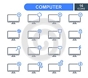 Set of Simple Computer line icons. Computer Repair Service, Sale, Loan, Renovation and Update System line icons. PC