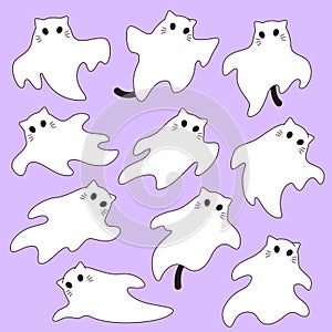 Set of simple cute cat, kitten ghost characters with tails and whiskers vector illustrations