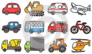 Set of simple and cute tranportation vehicles illustrations