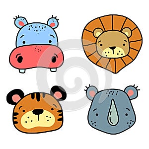 Set of simple doodle illustrations of African animals. Vector illustration