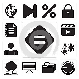 Set of Equal, Volume control, Folder, Television, Cloud computing, Settings, User, Video player, Notepad, editable icon pack