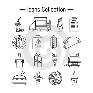 Set of simple fast food icons. Outline stroke vector illustration.