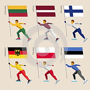 Set of simple flat athletes skating with flags of European countries