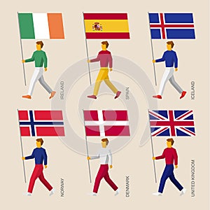 Set of simple flat people with flags of European countries