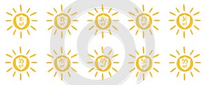 Set of simple flat SPF sun protection icons for sunscreen packaging. SPF 10, 15, 20, 25, 30, 35, 40, 45, 50, 55 UV