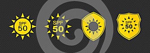 Set of simple flat SPF sun protection icons for sunscreen packaging. UV protection for skin. Icons for sunscreen products or other