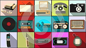 Set of simple flat style icons with long shadow from old retro vintage hipster electronics, mobile phones, camera, audio