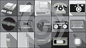 Set of simple flat style icons with long shadow from old retro vintage hipster electronics, mobile phones, camera, audio