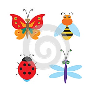 Set Of Simple Flying Bugs. Vector Ladybug. Vector Dragonfly.