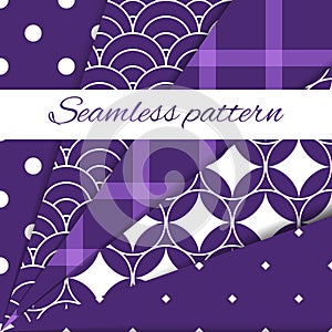 Set of simple geometric white patterns on purple background.