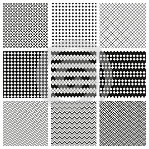 Set of simple geometrical seamless patterns in black and white.