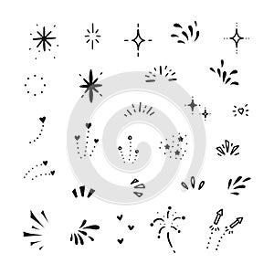 A set of simple hand-drawn decorative illustrations. There are various illustrations such as sparkles, stars, hearts