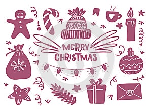 Set of simple hand drawn vector illustrations in simple doodle style Merry Christmas