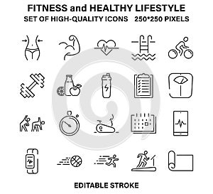 A set of simple but high-quality icons about fitness and a healthy lifestyle