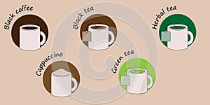 Set of simple icons of cups with tea and coffee