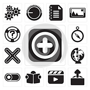 Set of Add, Upload, Video player, Reading, Switch, Worldwide, Mu