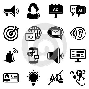 Set of simple icons on a theme Advertising, marketing, business, news, work, telemarketing, promotion, communication, internet ,