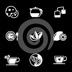 Set of simple icons on a theme Biscuits, tea, drink, coffee, lemon, lime, vector, set. Black background