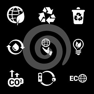 Set of simple icons on a theme Ecology, cleanliness, energy, vector, set. Black background