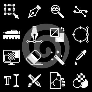 Set of simple icons on a theme Graphic design, drawing, tools, vector, set. Black background