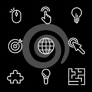 Set of simple icons on a theme Internet, communication, creativity, purposefulness , vector, set. Black background photo