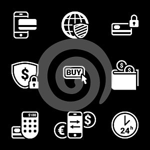 Set of simple icons on a theme Internet money, web, exchange, shopping, vector, set. Black background