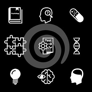 Set of simple icons on a theme Psychology, learning, and, learning, science, observation, vector, set. Black background