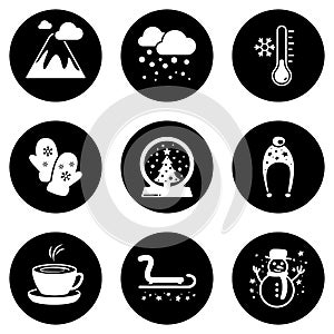 Set of simple icons on a theme winter, vector, design, collection, flat, sign, symbol,element, object, illustration, isolated.