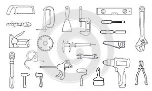 Set of simple icons of tools drawing with black lines on white background. Measure vector engineering illustration. Flat