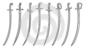 Set of simple images of cavalry swords drawn in art line style.