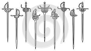 Set of simple images of epees and rapiers drawn in art line style.