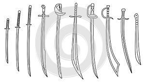 Set of simple images of exotic sabers and cutlasses swords drawn in art line style. photo