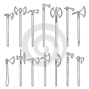 Set of simple images of medieval axes and hatchets drawn in art line style.