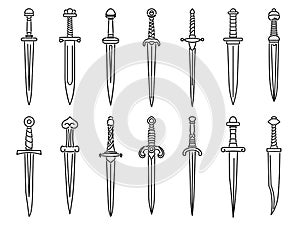 Set of simple images of medieval daggers and dirks drawn in art line style.