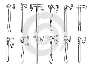 Set of simple images of medieval hatchets and axes drawn in art line style.