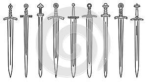 Set of simple images of medieval long swords drawn in art line style.