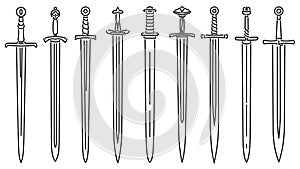 Set of simple images of medieval long swords drawn in art line style.