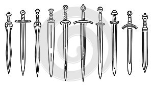 Set of simple images of medieval short swords drawn in art line style.