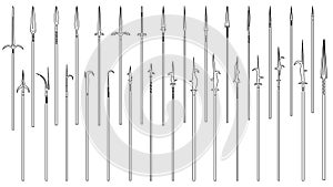 Set of simple images of medieval spears and halberds drawn in art line style.