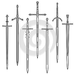 Set of simple images of medieval two-handed swords drawn in art line style.