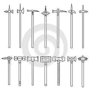 Set of simple images of medieval war hammers and maces drawn in art line style.