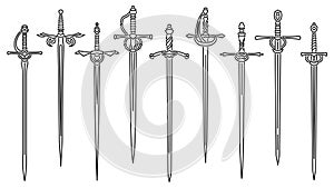 Set of simple images of rapiers and epees drawn in art line style.