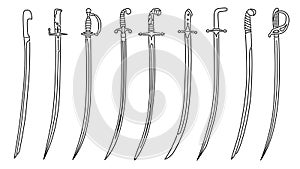 Set of simple images of saber swords drawn in art line style.
