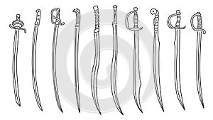 Set of simple images of sabers and cutlasses swords drawn in art line style.