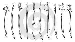 Set of simple images of sabers and cutlasses swords drawn in art line style. photo
