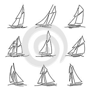 Set of simple images of yachts on waves drawn in line style