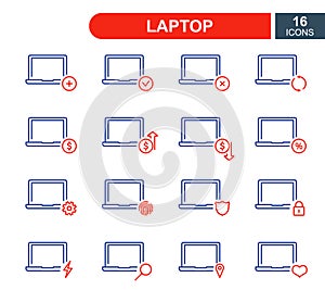 Set of Simple Laptop line icons. Computer repair service, sale, loan, renovation and update system line icons. Editable