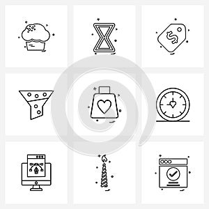 Set of 9 Simple Line Icons of bag, heart, sale, oil, lab