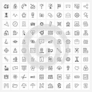 Set of 100 Simple Line Icons of engineering, carpenter, prawns, essential, scan
